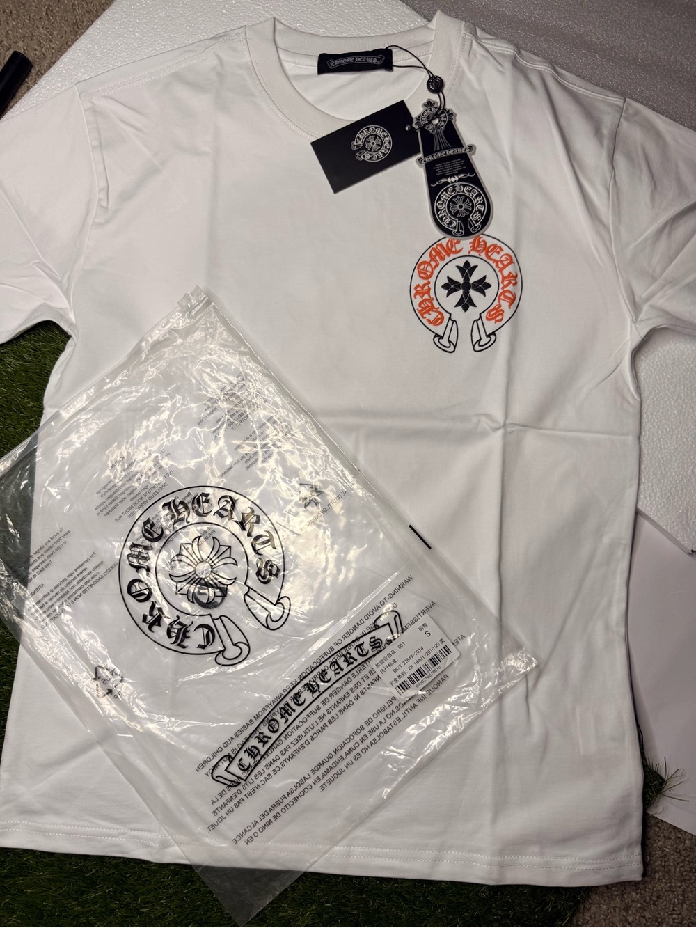 Chrome Hearts White Tee with Orange Accent Chest Emblem